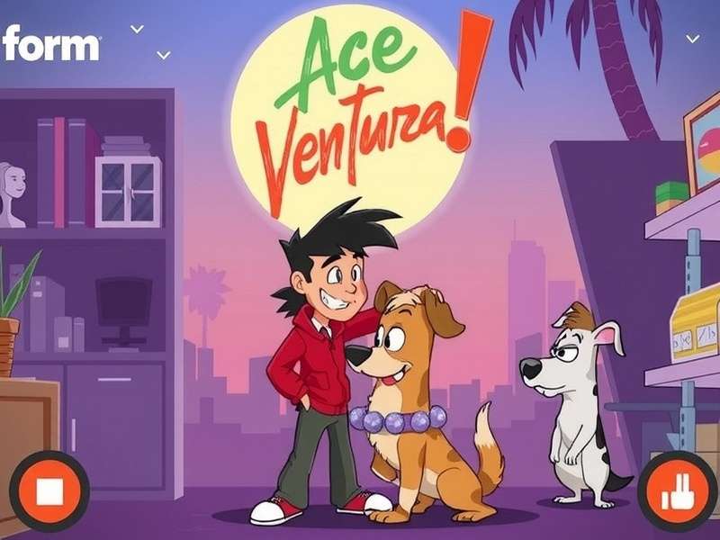 Screenshot of Ace Ventura Pet Detective game showing a chaotic in-game scene with multiple animal clues.